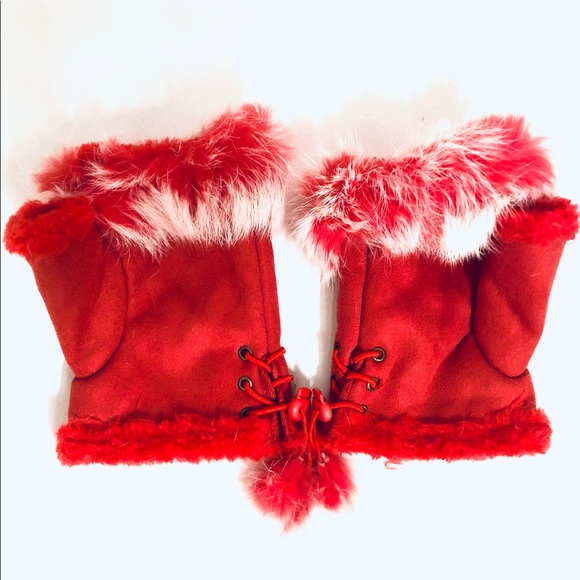 NWT red fingerless gloves real angora fur mittens brand new with tag - Picture 8 of 8